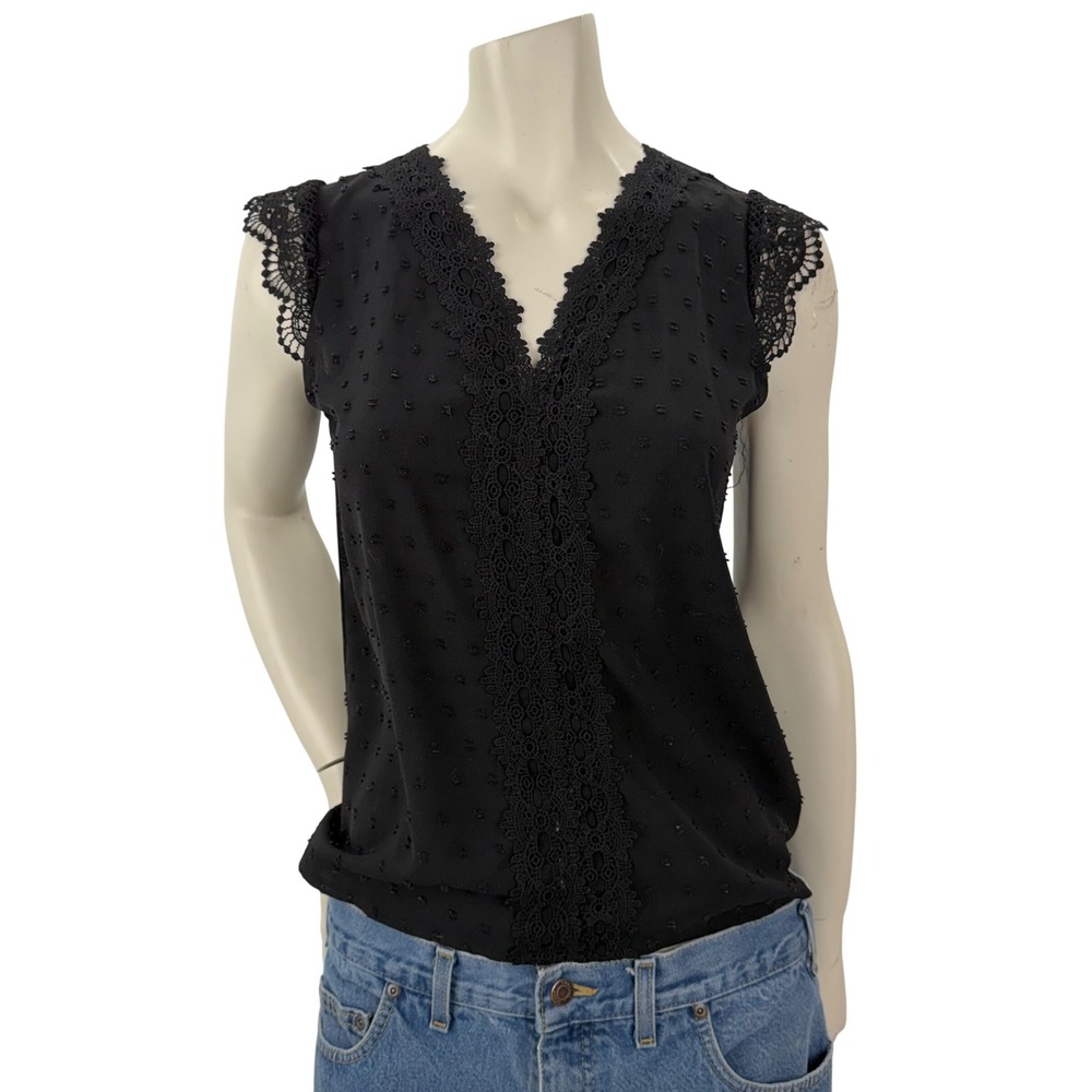 Women Black Sleeveless Blouse Swiss Dot Lace‎ Trim Small Victorian Dark Academia